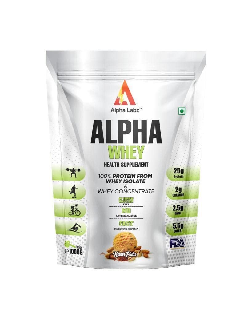 Alpha Labz 100% Whey Protein Isolate | 25g Protein, 5.5g BCAA, 2g Creatine | Whey Protein Powder - Post Workout Whey Protein Isolate | Fast-Absorbing Workout Supplements for Fast Recovery & Lean Muscle | Men and Women [Kesar Pista, 1Kg]