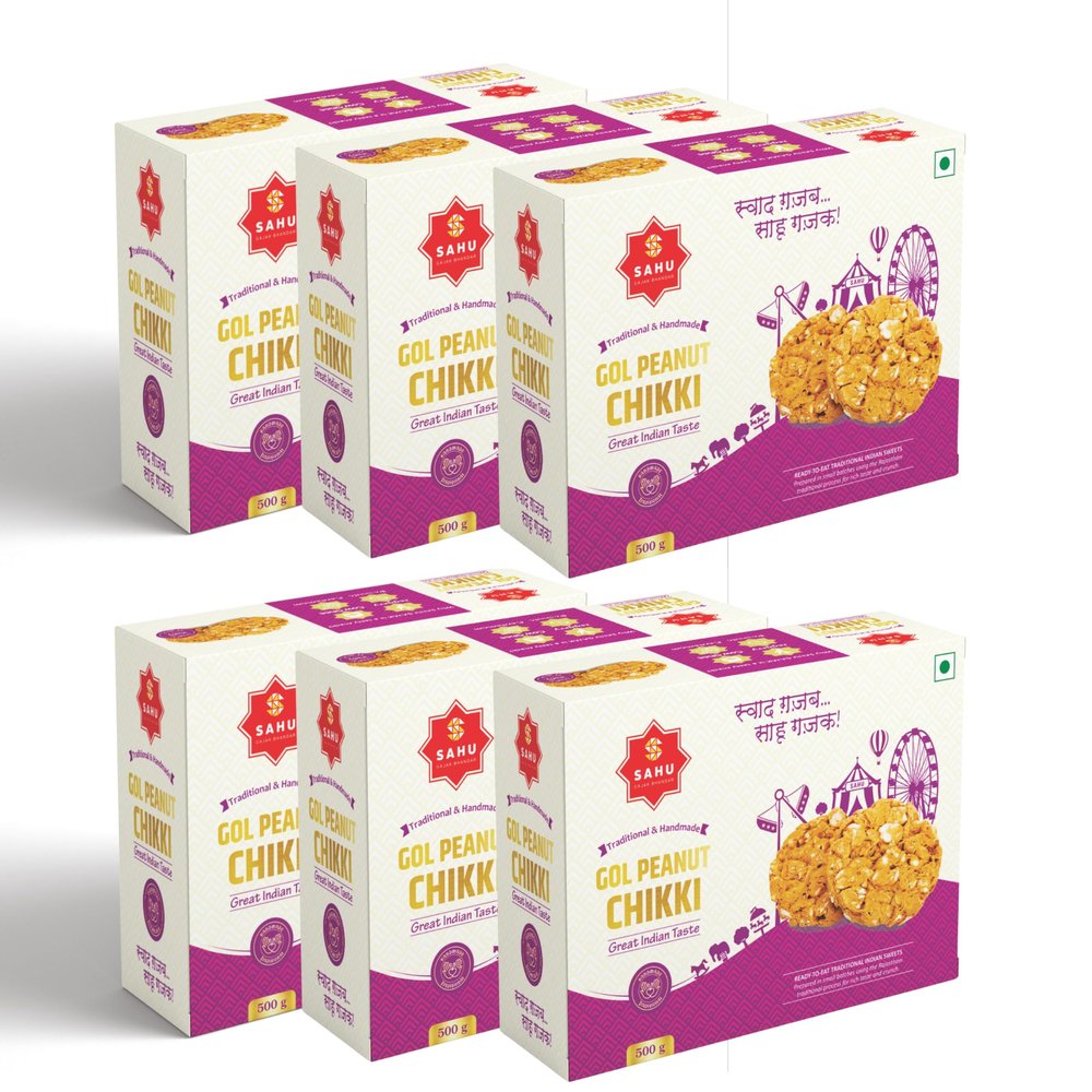 SAHU GAJAK BHANDAR Peanut Chikki 3kg (6 x 500g Boxes) | Moongfali Chikkies | Jaggery Groundnut Mittai | Traditional Indian Sweet Snack | No Liquid Glucose or Preservatives