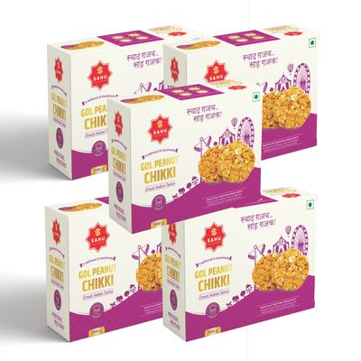 SAHU GAJAK BHANDAR Peanut Chikki 2.5kg (5 x 500g Boxes) | Moongfali Chikkies | Jaggery Groundnut Mittai | Gol Shape Traditional Indian Snack Bars | Crunchy Eatables | No Preservatives
