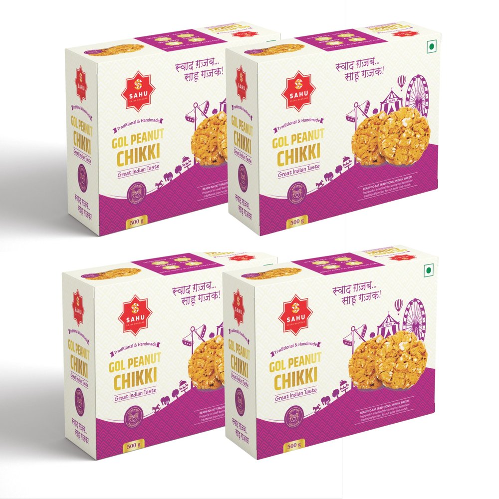 SAHU GAJAK BHANDAR Peanut Chikki 2kg (4 x 500g Boxes) | Moongfali Gajak | Jaggery Chikkis Bars | Crunchy Groundnut Mittai | Traditional Indian Sweet Snack | No Preservatives