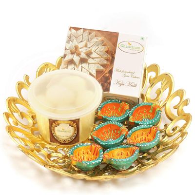 Ghasitaram Gifts Jaiccha Gold Carved Basket of Kaju Katli, Rasgullas and 6 Diyas|Gift Hamper|Diwali Gift Hamper|Food Hampers|Gourmet Hampers|