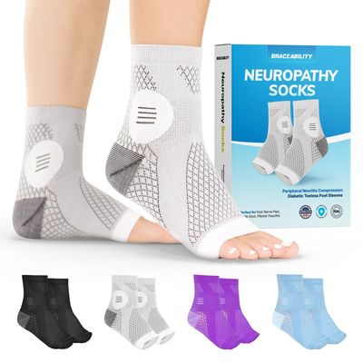 BraceAbility Neuropathy Socks for Women and Men - Toeless Compression Foot Neuropathy Socks, Peripheral Neuropathy Socks, Diabetic Neuropathy Socks, Arthritis Socks (M - Gray)