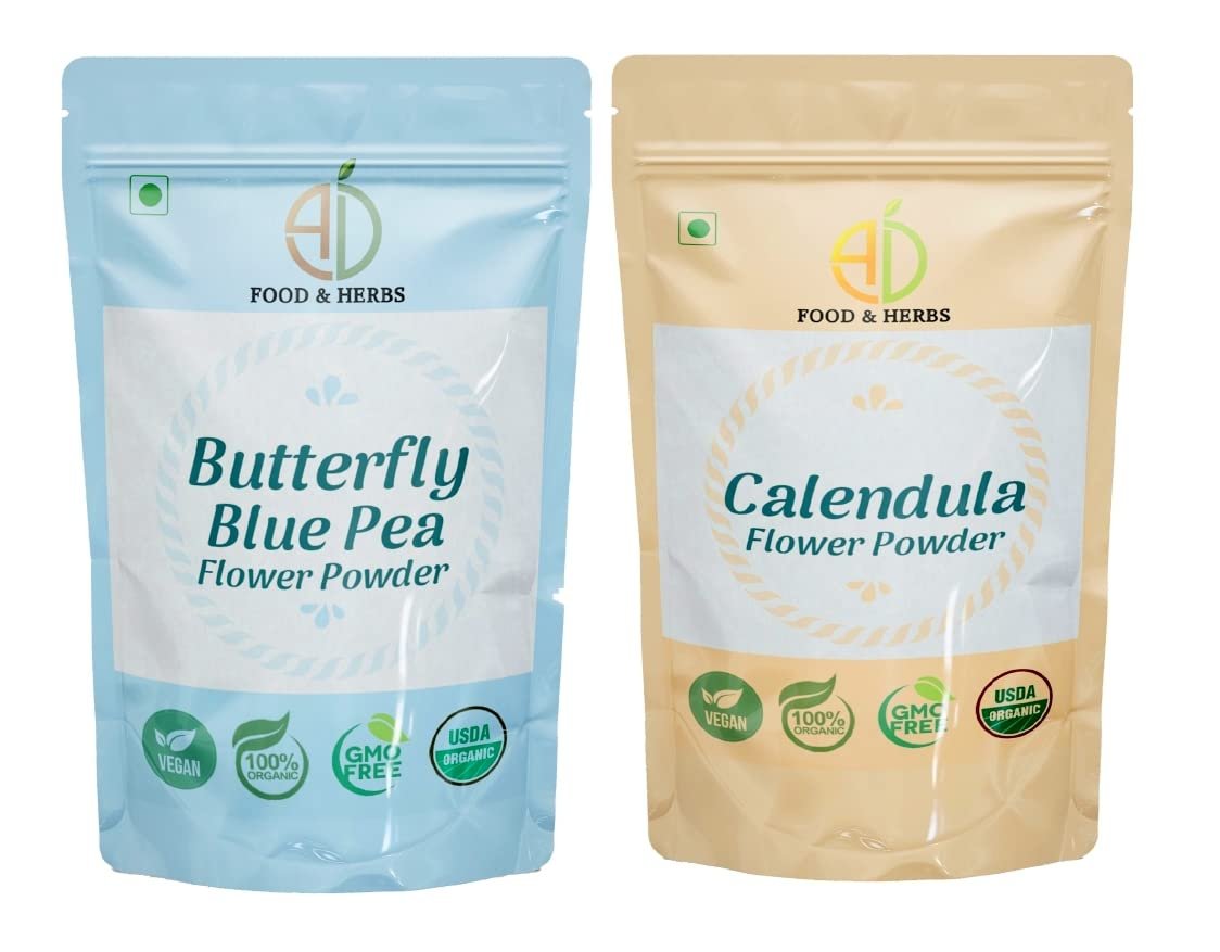 A D Food & Herbs Combo of Butterfly Pea Flower/Calendula Powder Aromatic Edible for Homemade Lattes, Tea Blends, Bath Salts, Face packs & Body packs (50 GMS x Pack of 2)