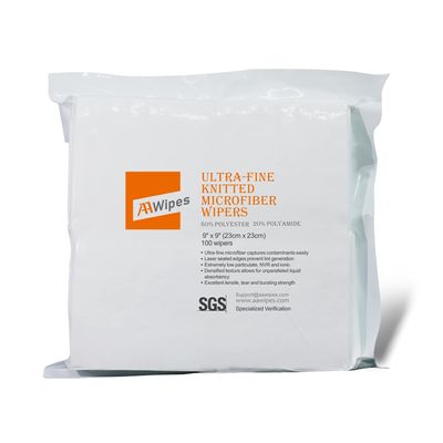 AAwipes Knitted Microfiber Cleanroom Wipers 9"x9" (Bag of 100 Pcs, 180gsm) Superfine Polyester-Polyamide Lint Free Cloths for Fiber Optics, Ultrasonically Sealed Edge, Class 100 Cloths (MF18009)