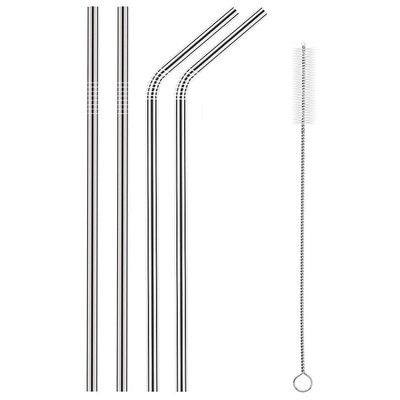 Nicolette Reusable Stainless Steel Straw with Cleaning Brush- Long Metal Straws for Drinking, Reusable Set of 5 (2- Bend Pipe, 2- Long Straw, 1-Cleaning Brush), Silver (BSteelStrawsSilver5Pcs)