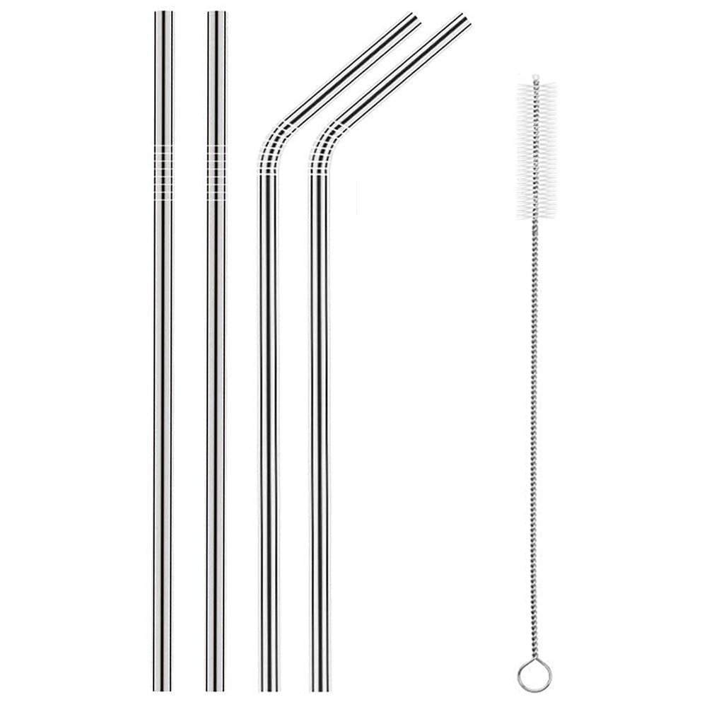 Nicolette Reusable Stainless Steel Straw with Cleaning Brush- Long Metal Straws for Drinking, Reusable Set of 5 (2- Bend Pipe, 2- Long Straw, 1-Cleaning Brush), Silver (BSteelStrawsSilver5Pcs)