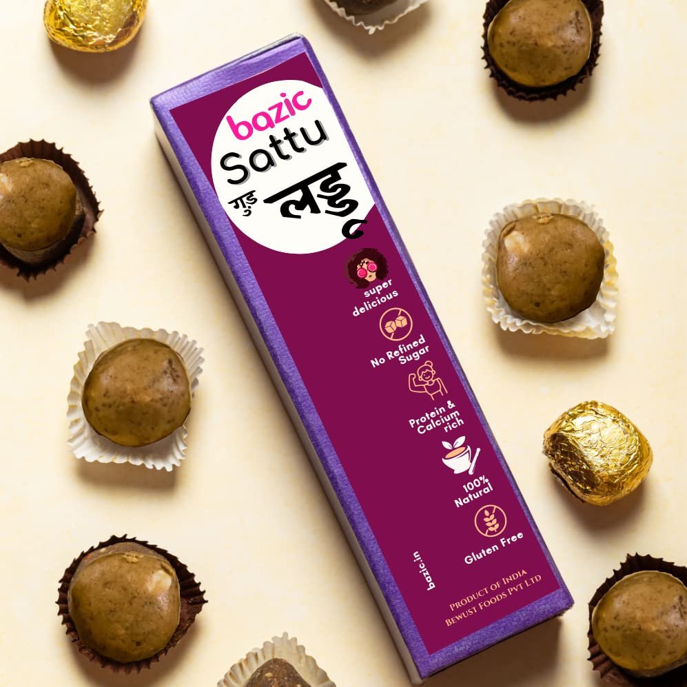 Bazic Sattu Jaggery Millet Ladoo, Protein, and Calcium Rich, All Ancient Grains, Gluten Free, Trans Fat-Free, No Artificial Sugar, Color and Flavors 100g (Pack of 2).