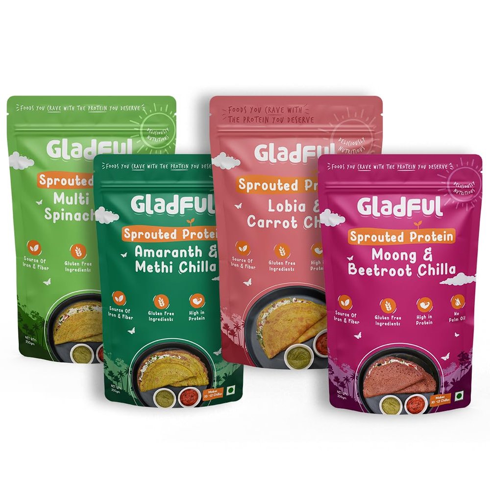 Gladful Beetroot, Spinach, Carrot and Methi Protein Sprouted lentils & Millets Instant Chilla, No Maida, No Palm Oil, Diabetic Friendly, Less Carb, Low GI Chilla Mix (Pack of 4)