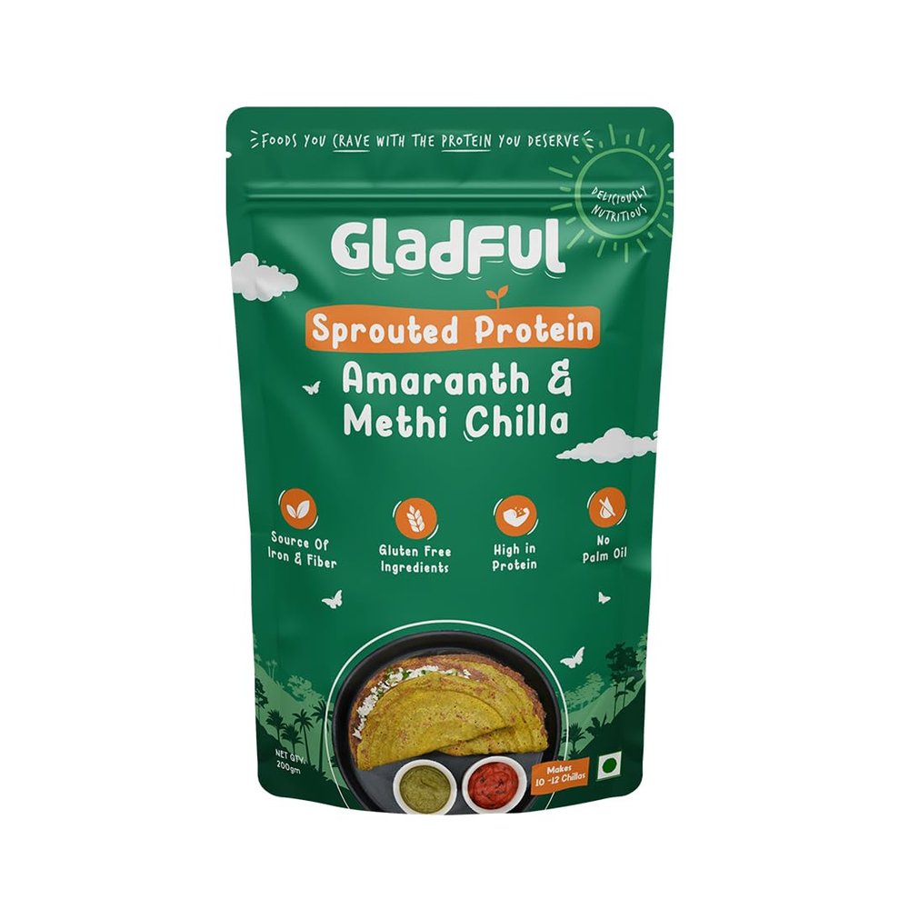 Gladful Sprouted Lentils & Millets Protein Methi Chilla Dosa Mix, No Maida, No Palm Oil, No Cholesterol, Gluten Free, High Fiber 200 G (Pack Of 1)