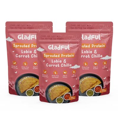 Gladful Sprouted Amaranth and Carrot Chilla Mix, Highe Protein Lentils & Millets, No Maida, No Palm Oil, Less Carb, Low GI, 200 Gm (Pack Of 3)