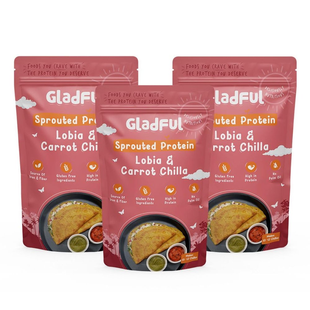 Gladful Sprouted Amaranth and Carrot Chilla Mix, Highe Protein Lentils & Millets, No Maida, No Palm Oil, Less Carb, Low GI, 200 Gm (Pack Of 3)