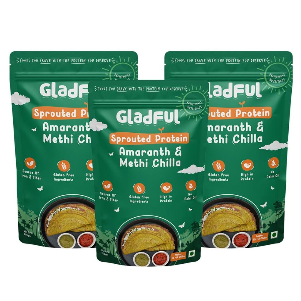 Gladful Sprouted Lentils & Millets Protein Methi Chilla Dosa Mix, No Maida, No Palm Oil, No Cholesterol, High Fiber, Less Carb 200 G (Pack Of 3)