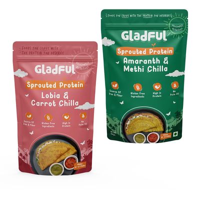 Gladful Carrot & Methi Protein Sprouted Lentils & Millets Instant Cheela Dosa Mix, No Maida, No Palm Oil, Low Gi, Less Carb, Gluten Free (Pack of 2) - 400 Gm