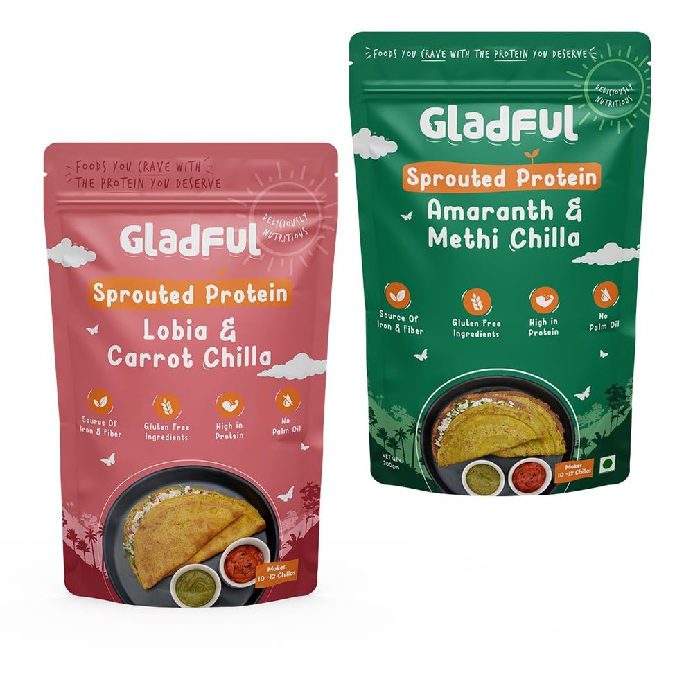 Gladful Carrot & Methi Protein Sprouted Lentils & Millets Instant Cheela Dosa Mix, No Maida, No Palm Oil, Low Gi, Less Carb, Gluten Free (Pack of 2) - 400 Gm
