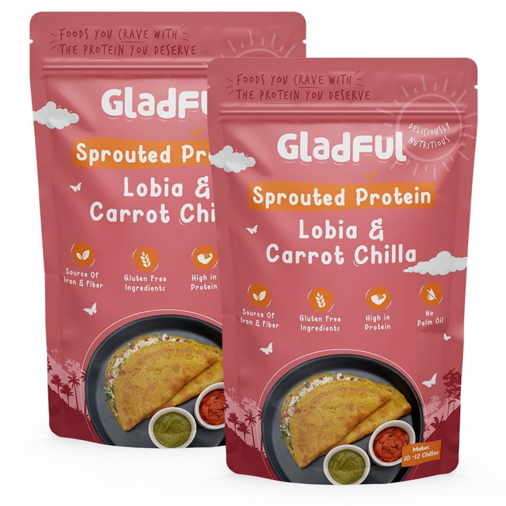 Gladful Sprouted Amaranth and Carrot Chilla Mix, Highe Protein Lentils & Millets, No Maida, No Palm Oil, Gluten Free, High Fiber 200 Gm (Pack Of 2)