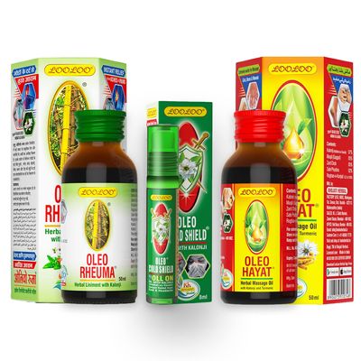 LooLoo Combo of 3 - Oleo Hayat Herbal Massage Oil - 50ml| Oleo Rheuma Herbal Liniment Oil - 50ml| Oleo Cold Shield With Kalonji - 8ml