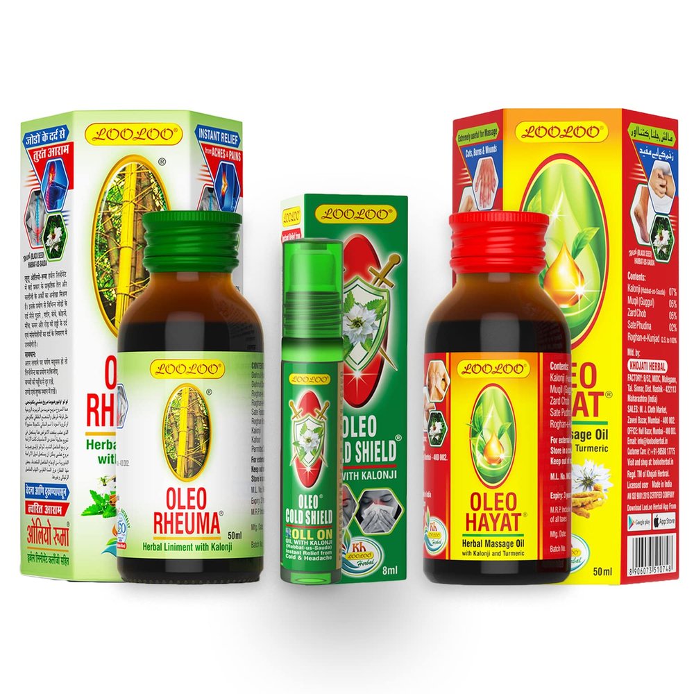 LooLoo Combo of 3 - Oleo Hayat Herbal Massage Oil - 50ml| Oleo Rheuma Herbal Liniment Oil - 50ml| Oleo Cold Shield With Kalonji - 8ml
