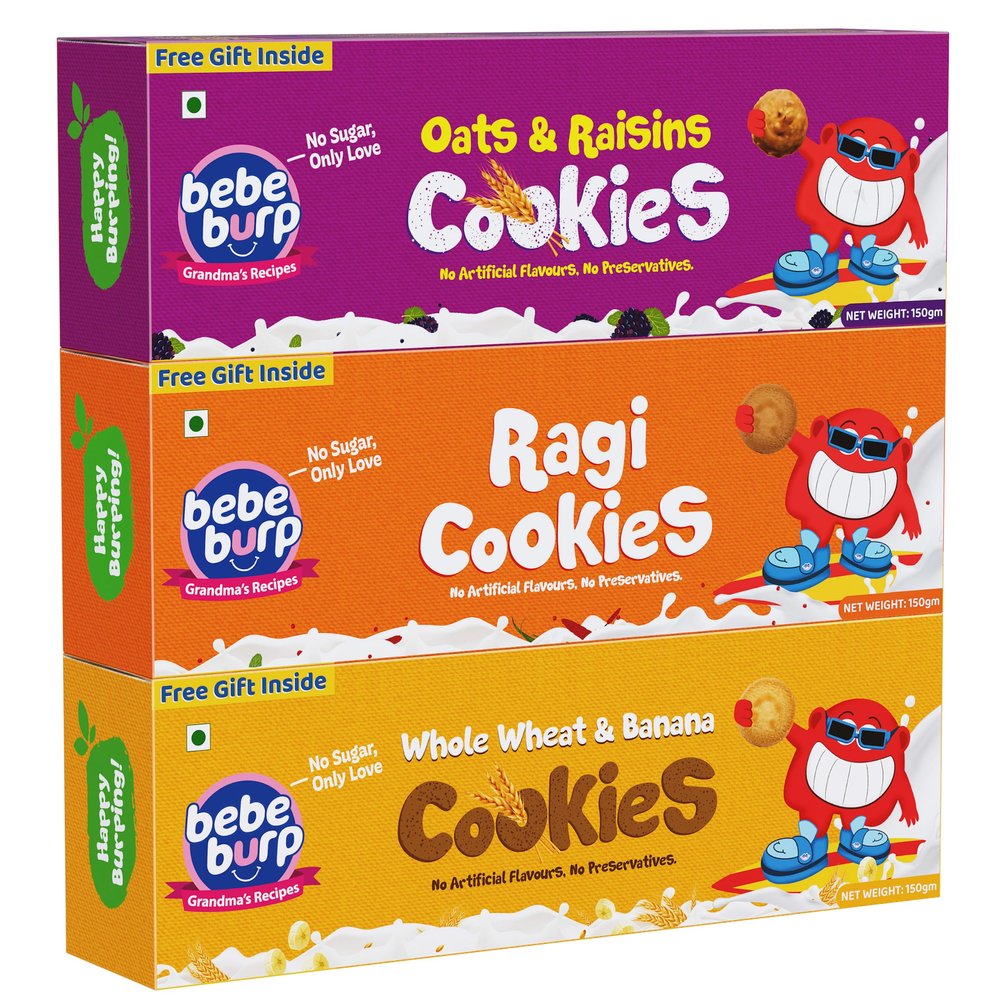Bebe Burp Cookies & Biscuits for Kids | Combo Pack  Ragi, Whole Wheat & Oats & Raisins | 100% Natural, No Preservatives, No Sugar | Healthy Snacks for All Ages | Natural Ingredients | 450g (Pack of 3)