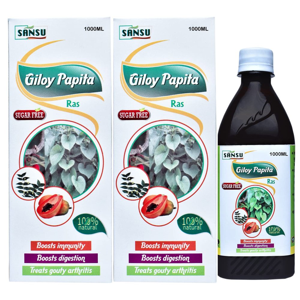 SANSU Organic Giloy Papita Ras | Pack of 3 | Naturally Boost Your Immunity | detoxifier | 100% Natural 1 Liter (500MLX3)