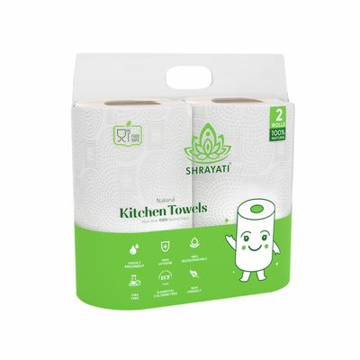 Shrayati Kitchen Towel/Tissue Paper Roll - 4 Ply, 60 Pulls Per Roll, Super Soft, Highly Absorbent Kitchen Tissue Roll, Embossed Design - Kitchen Roll (Pack of 2)