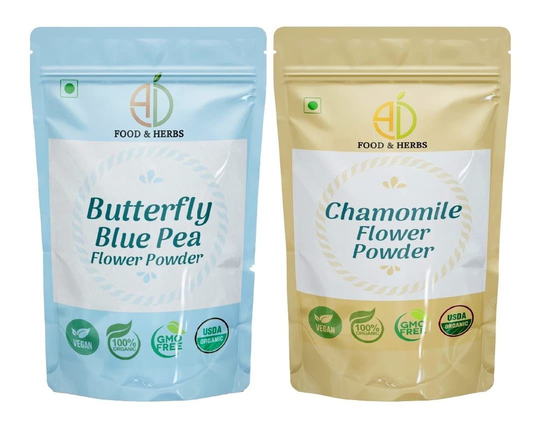 A D Food & Herbs Combo of Butterfly Pea Flower/Chamomile Powder Aromatic Edible for Homemade Lattes, Tea Blends, Bath Salts, Face packs & Body packs (250 GMS x Pack of 2)