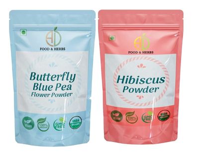 A D Food & Herbs Combo of Butterfly Pea Flower/Hibiscus Powder Aromatic Edible for Homemade Lattes, Tea Blends, Bath Salts, Face packs & Body packs (100 GMS x Pack of 2)