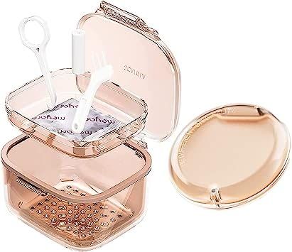 loevcc Retainer Case, Retainer Cleaner Case 2 Pack, Portable Denture Cases and Unique Denture Bath with Drain Tray, Denture Bridges, Partial Dentures, Traditional Braces, Etc. (Orange)