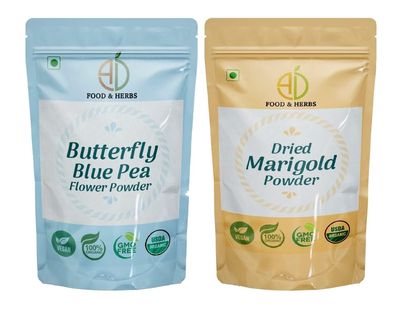 A D Food & Herbs Combo of Butterfly Pea Flower/Marigold Powder Aromatic Edible for Homemade Lattes, Tea Blends, Bath Salts, Face packs & Body packs (100 GMS x Pack of 2)