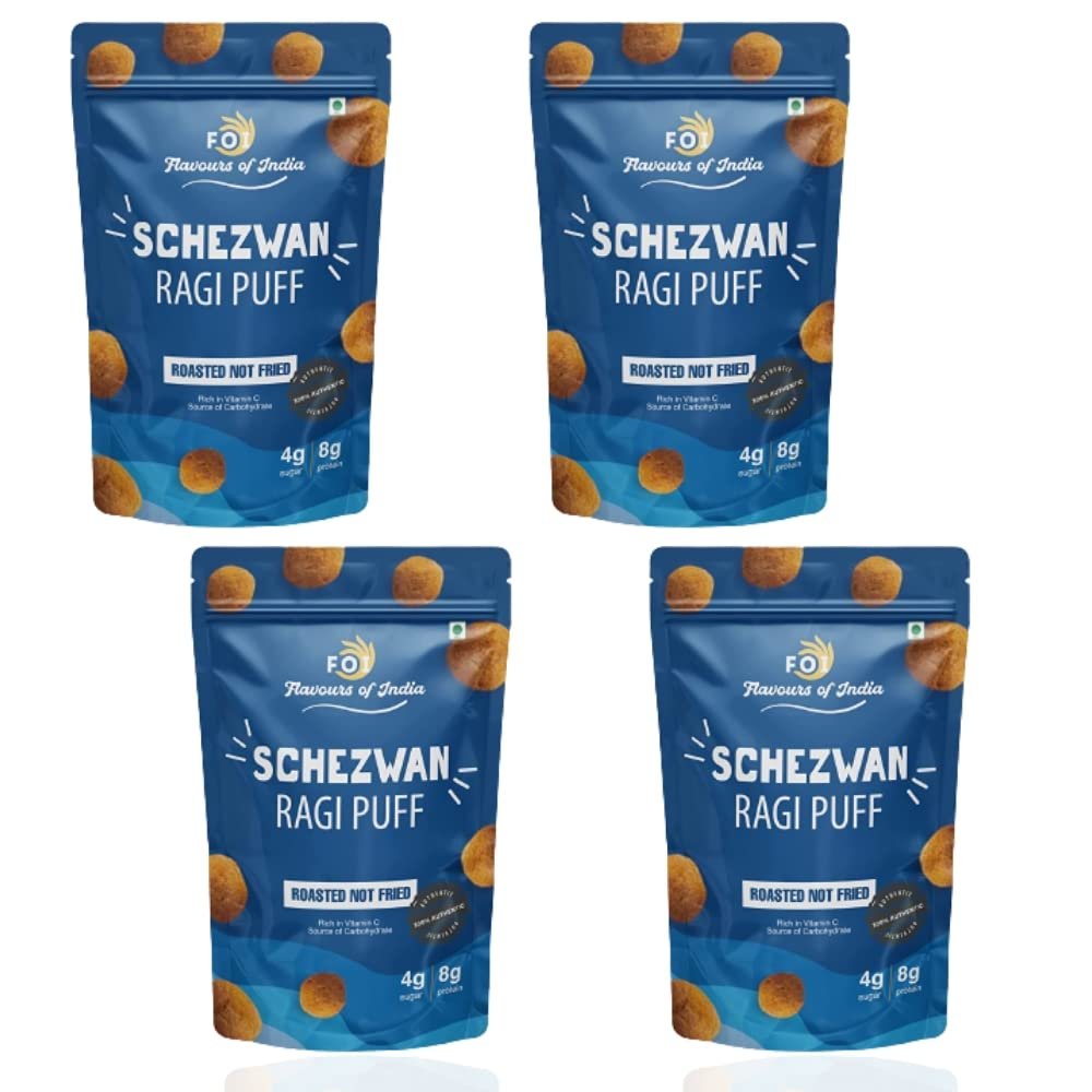 FOI Flavours Of India Ragi Puffs, Light & Flavourful Crispy & Crunchy Traditional Snacks | Ready To Eat Instant Snacks, Tea Time Instant Snack, Indian Snack (75gm Each, Pack of 4) (Schezwan)