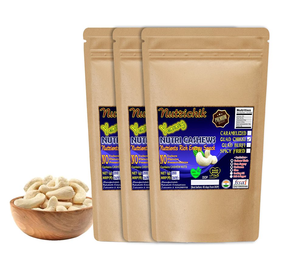 Nutrichik Cashew Chikki - Cashew Quads - Cashew Chikki - Kaju Chikki - 200gm (3 Pack)