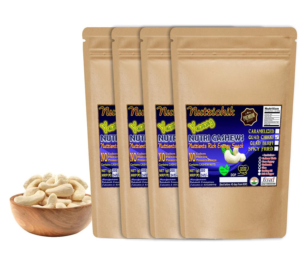 Nutrichik Nutri Cashews Quad Chikki - Cashew Chikki - Kaju Chikki - 200gm (4 Pack)