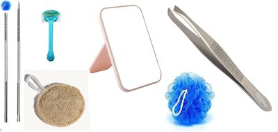 Mattina Combo Blackhead Remover|Surgical Grade Stainless Steel Tools- Round|Tweezer, Square Tip - 1 Pc |Soft Care Disposable Shaving Razor For Men And |Old Tree Loofah |Makeup Mirror,Foldable Square