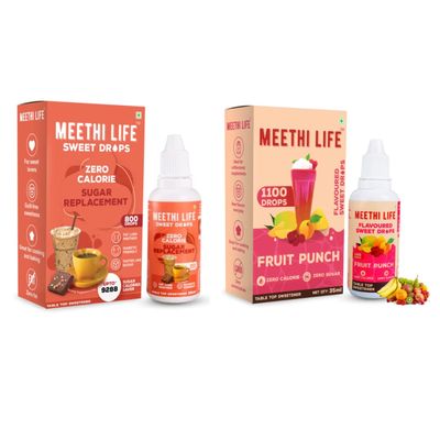 Meethi Life, Zero Calorie Flavoured Sweet Drops, Fruit Punch (35 ml) and Zero Calorie Substitute/Replacement Sweet Drops (38 ml), Sucralose Sweeteners, Sugar Free (Pack Of 2)