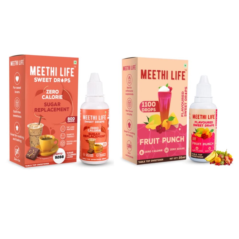 Meethi Life, Zero Calorie Flavoured Sweet Drops, Fruit Punch (35 ml) and Zero Calorie Substitute/Replacement Sweet Drops (38 ml), Sucralose Sweeteners, Sugar Free (Pack Of 2)