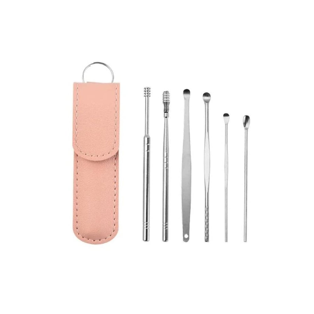 Digital Shoppy 6 Pcs Ear Wax Removal Ear Picking Spoon Set Ear Care Cleaning Earpicks With Storage Case Stainless Steel Tools Kit (Light pink)