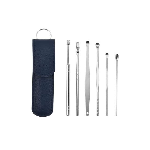Digital Shoppy 6 Pcs Ear Wax Removal Ear Picking Spoon Set Ear Care Cleaning Earpicks With Storage Case Stainless Steel Tools Kit (Dark Blue)