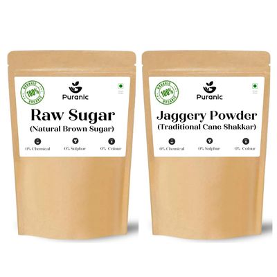 Puranic Jaggery Powder & Raw Sugar 1800 gm (Pack of 2 Combo)| Natural Molasses Retained Unrefined Brown Sugar Organic | Gur Jaggery Powder | Shakkar Jaggery Powder | Khandsari