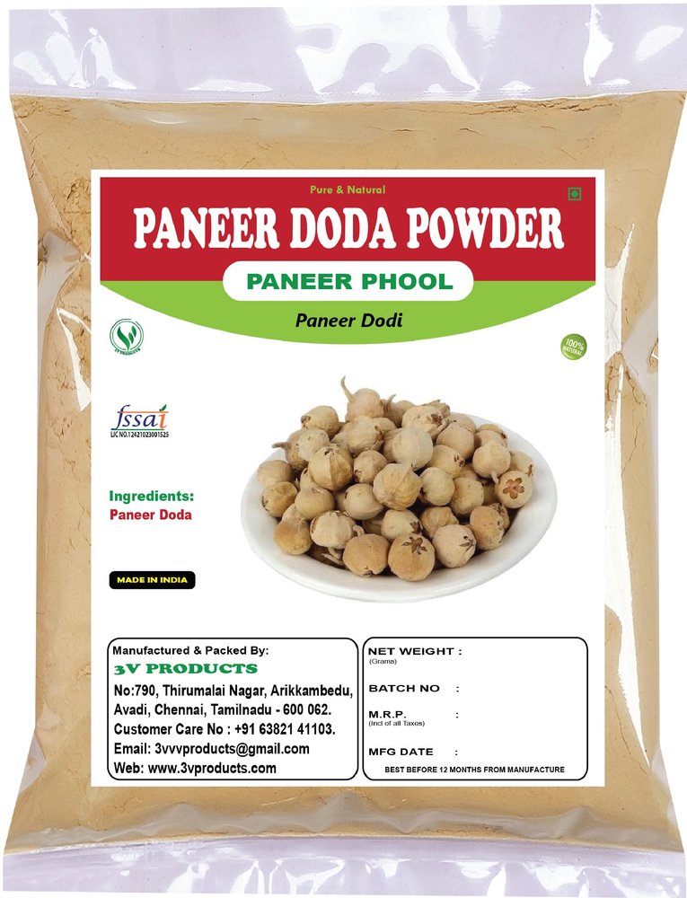 3V PRODUCTS: Paneer Dodi Powder 200g - Paneer Flower - Paneer Doda - Withania Coagulans (Pack of 2x100g)