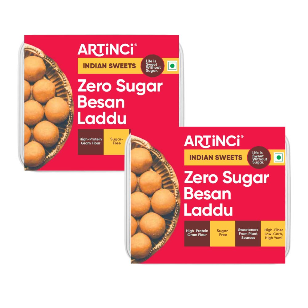 Artinci Sugar Free Besan Ladoo | Diabetic Friendly Low GI Indian Mithai | No Added Sugar, No Maida | Made with Pure Desi Ghee | High Protein Healthy Sweet | 190 g x 2 Packs