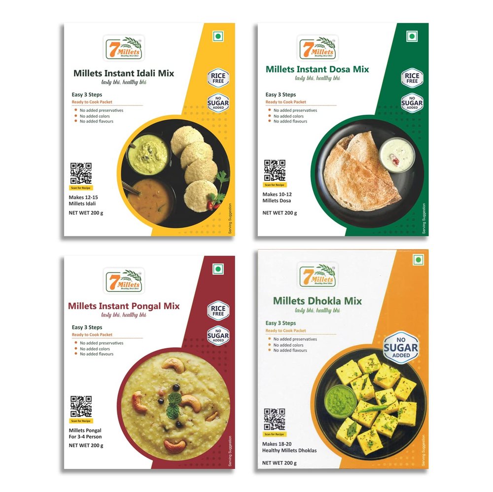 7Millets Dosa, Idali, Dhokla & Pongal Mix Ready to Cook Combo (200g Pack of Each)