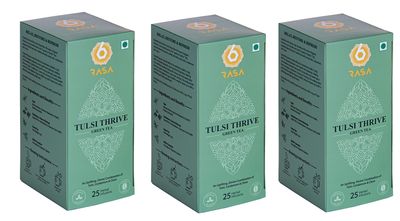 6rasa Tulsi Thrive Green Tea Bags With Cardamom, Clove | For Stress Relief, 100% Natural Herbs & Spices | No Added Sugar (1.7 Gram Each, 25 Dip Bags) (Pack Of 3)