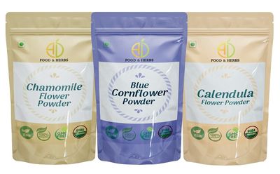 A D Food & Herbs Combo of Chamomile/Blue Corn Flower/Calendula Powder Aromatic Edible for Homemade Lattes, Tea Blends, Bath Salts, Face packs & Body packs (250 GMS x Pack of 3)