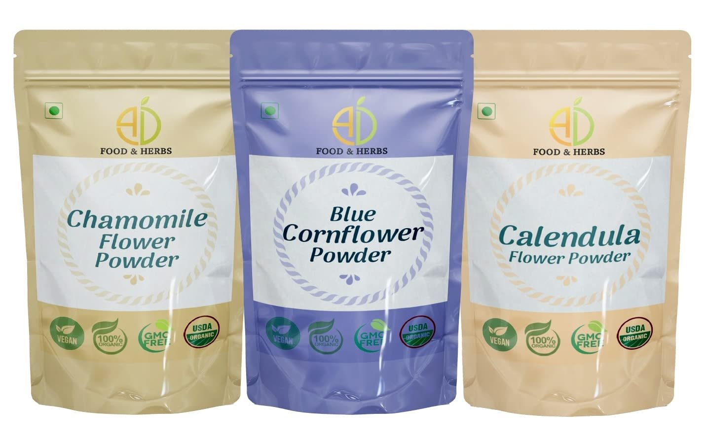 A D Food & Herbs Combo of Chamomile/Blue Corn Flower/Calendula Powder Aromatic Edible for Homemade Lattes, Tea Blends, Bath Salts, Face packs & Body packs (250 GMS x Pack of 3)