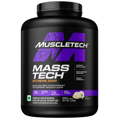 MuscleTech Masstech Extreme 2000 High Protein Food For Weight Gainer (30G Protein,1075 Kcal,1.5G Creatine&Added Vitamin&Minerals) Veg Mass Gainer-Vanilla Milkshake-3Kg,Powder