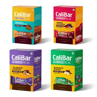 CaliBar 20g &10g Protein Bar - All Variants Pack - Almond Choco, Banana Binge, Roasted Coffee Bean & Berry Almond (Pack of 24) (65g x 12) + (40g x 12)