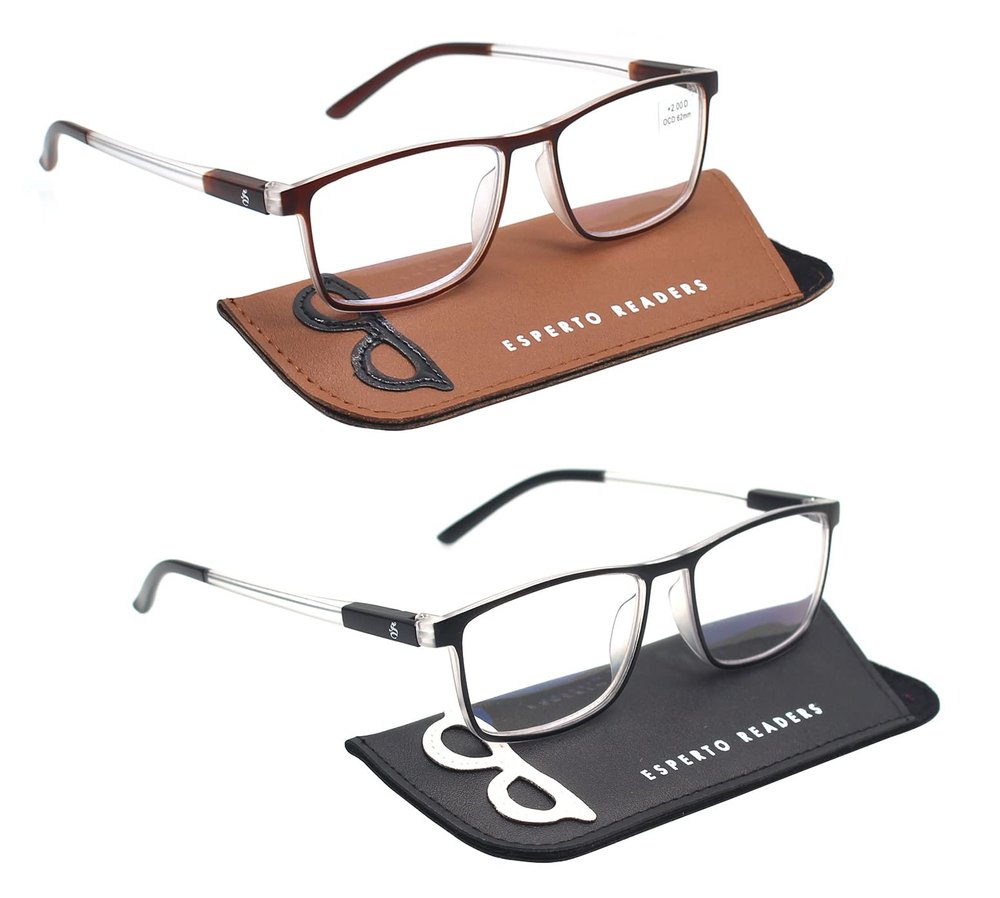 ESPERTO READERS Wood Reading Glasses With Blue Cut Lens For Men & Women in Combo Pack (+1.50, BLACK & BROWN)