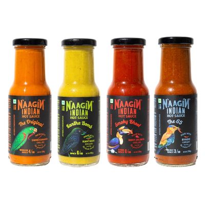 NAAGIN - Indian Hot Chilli Spicy Sauce - The Original, Kantha Bomb, Smoky Bhoot & The 65, Bottle (230gm Each, Pack of 4)