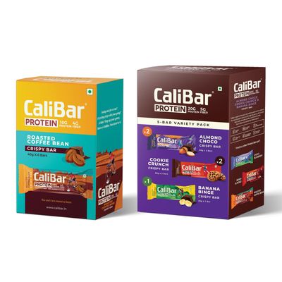 CaliBar 20g & 10g Protein Bar - 2 Bars Almond Choco,1 Banana Binge & 2 Cookie Crunch + 6 Roasted Coffee Bean (Pack of 11) No Added Sugar, Gluten-Free, High Fiber (65g x 5) + (40g x 6)