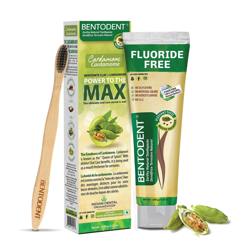 Bentodent 100% Organic Toothpaste with Toothbrush & Natural Cardamom Essential Oil, Gentle Herbal Formula for Kids & Family, Hypoallergenic, Fresh Breath Protection- (Cardamom Toothpaste+Toothbrush)