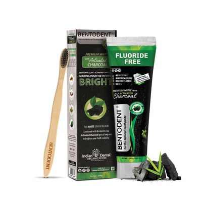 Bentodent Natural Activated Charcoal Toothpaste (Mint) with Bamboo Toothbrush  Herbal Teeth Whitening & Fresh Breath for Entire Family, Fluoride & SLS Free, Safe for Kids, Pack of 2, 100g